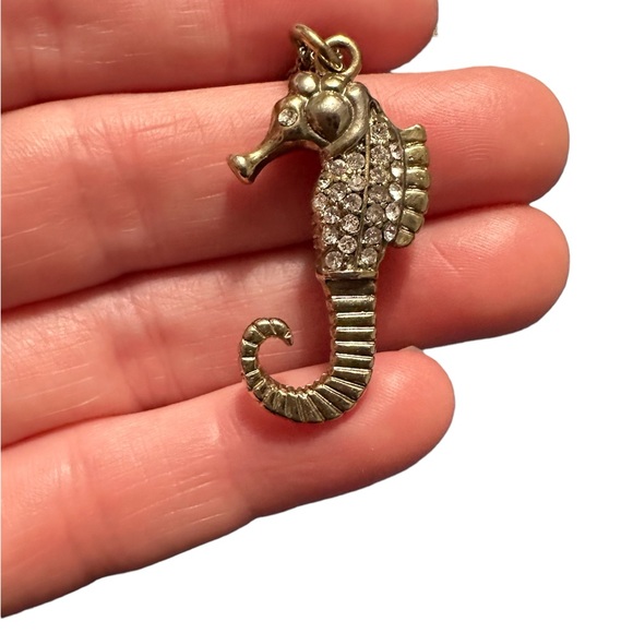 J Crew Gold Tone Rhinestone Seahorse Pendant Beaded Satellite Chain Necklace 27” - Picture 6 of 6